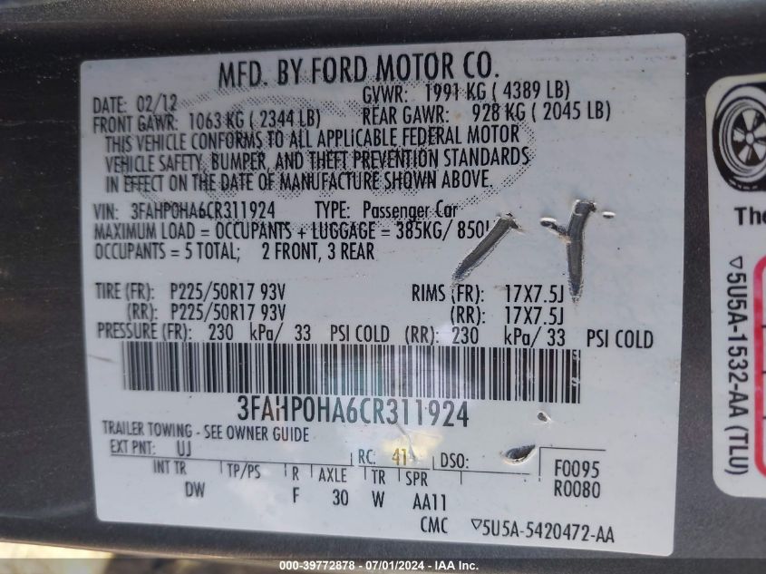 2012 Ford Fusion Se VIN: 3FAHP0HA6CR311924 Lot: 39772878