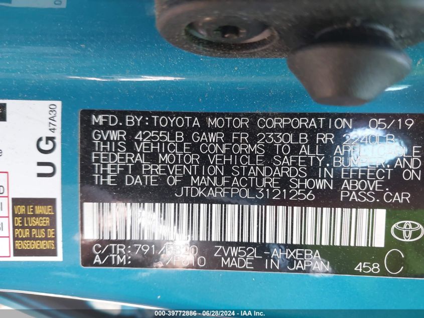 2020 Toyota Prius Prime Le VIN: JTDKARFP0L3121256 Lot: 39772886