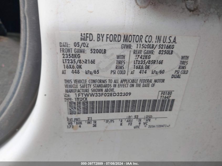 2002 Ford F-350 Lariat/Xl/Xlt VIN: 1FTWW33F02ED32309 Lot: 39772889