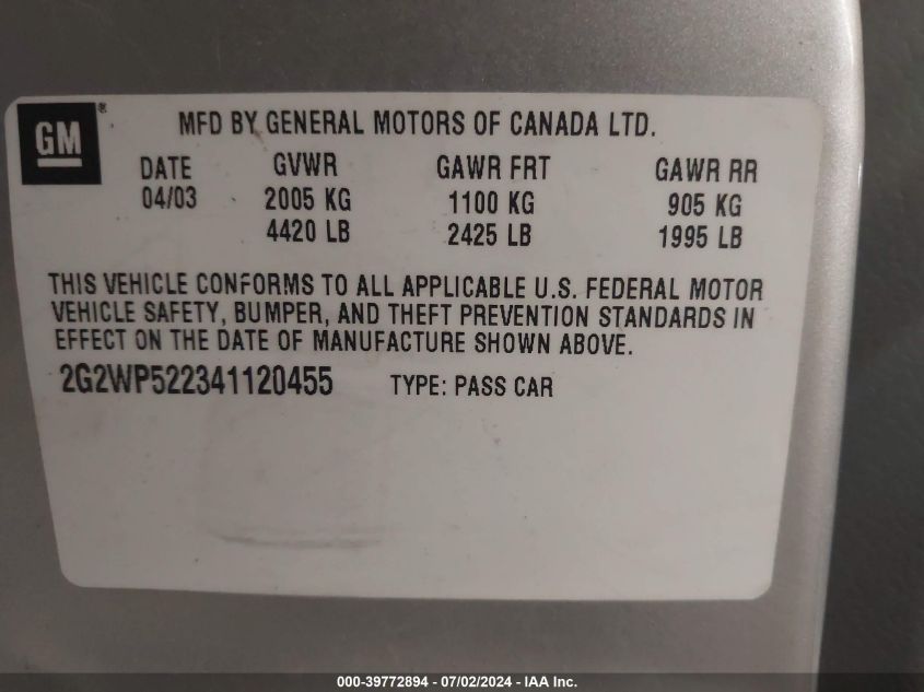 2004 Pontiac Grand Prix Gt1 VIN: 2G2WP522341120455 Lot: 39772894