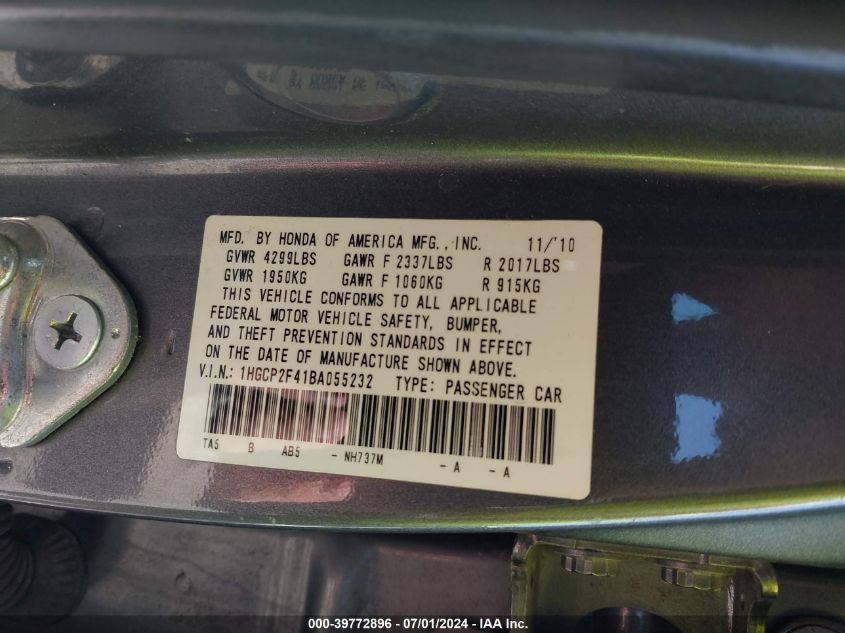 2011 Honda Accord 2.4 Lx-P VIN: 1HGCP2F41BA055232 Lot: 39772896