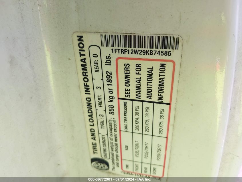 2009 Ford F-150 Stx/Xl/Xlt VIN: 1FTRF12W29KB74585 Lot: 39772901