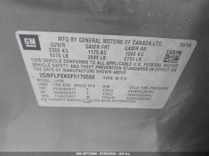 2015 Chevrolet Equinox 1Lt VIN: 2GNFLFEK6F6179568 Lot: 39772908