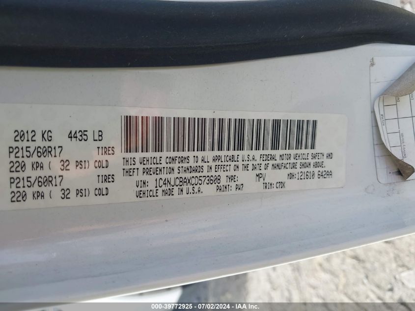 2012 Jeep Compass Sport VIN: 1C4NJCBAXCD573608 Lot: 39772925