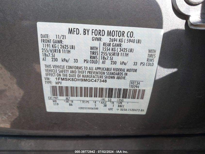 2021 Ford Explorer Xlt VIN: 1FMSK8DH9MGC47348 Lot: 39772942