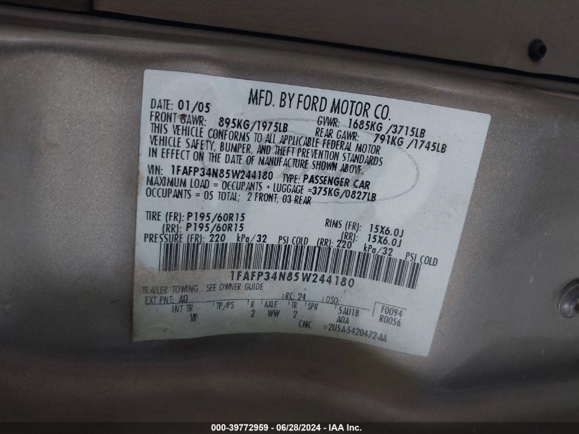 2005 Ford Focus Zx4 VIN: 1FAFP34N85W244180 Lot: 39772959