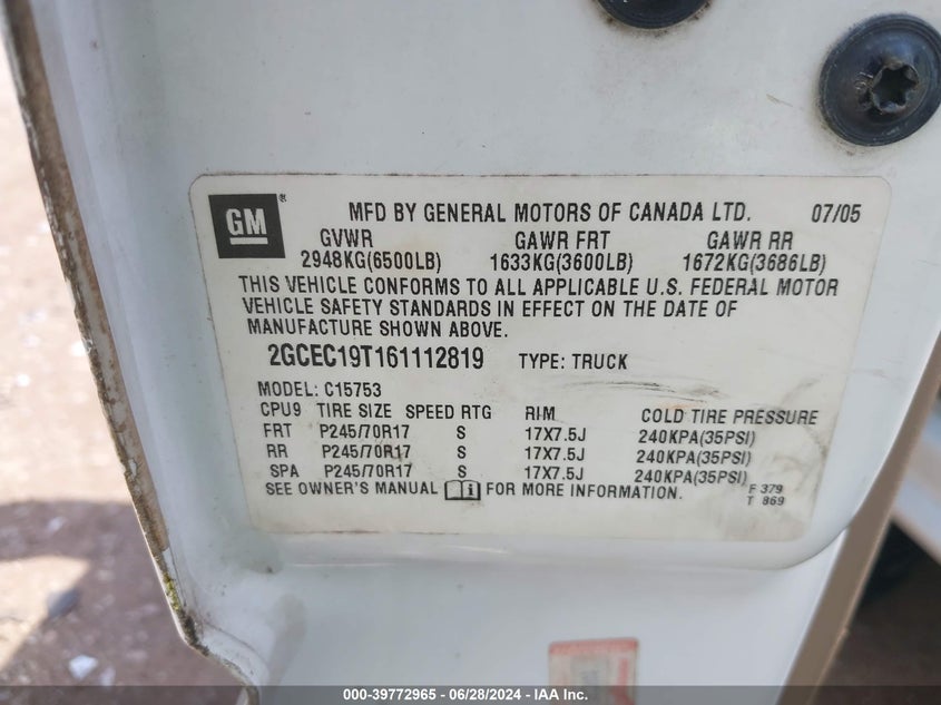 2006 Chevrolet Silverado 1500 Lt3 VIN: 2GCEC19T161112819 Lot: 39772965