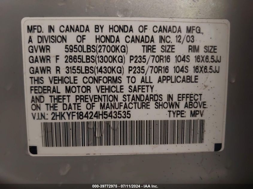2004 Honda Pilot Ex VIN: 2HKYF18424H543535 Lot: 39772975