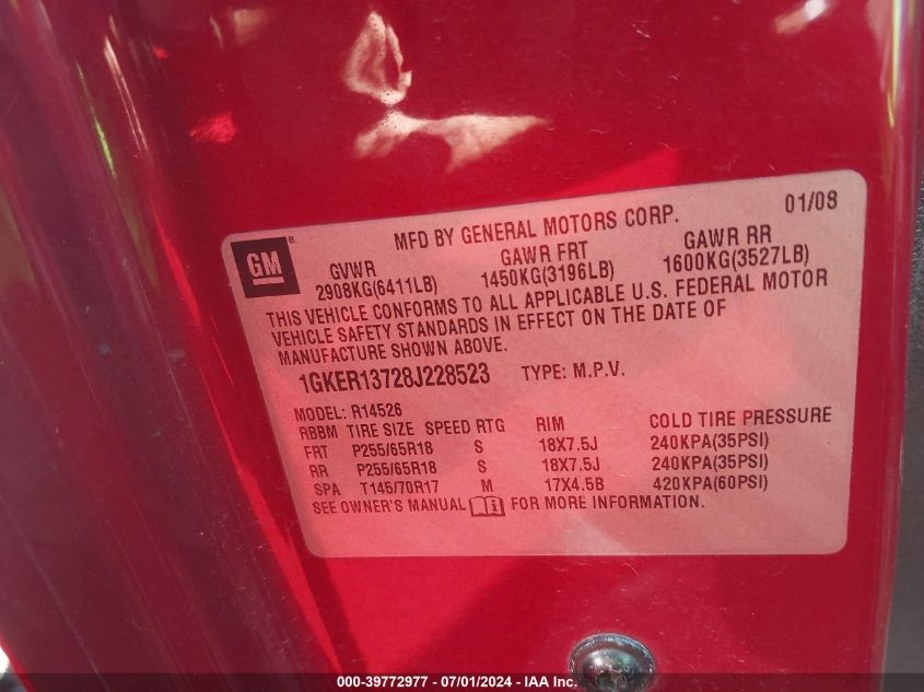 2008 GMC Acadia Sle-1 VIN: 1GKER13728J228523 Lot: 39772977