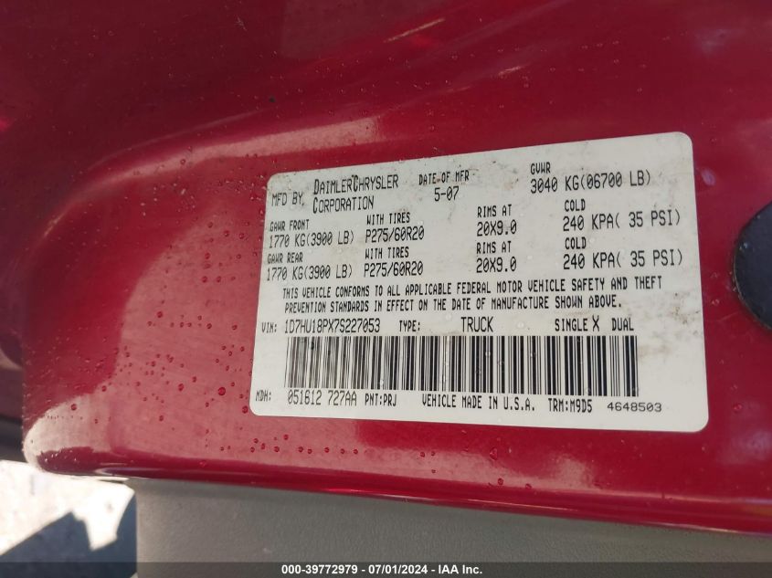 2007 Dodge Ram 1500 Slt/Trx4 Off Road/Sport VIN: 1D7HU18PX7S227053 Lot: 39772979