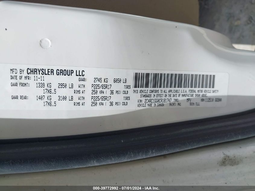 2012 Chrysler Town & Country Limited VIN: 2C4RC1GG0CR181747 Lot: 39772992