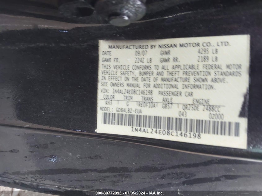 2008 Nissan Altima 2.5 S VIN: 1N4AL24E08C146198 Lot: 39772993