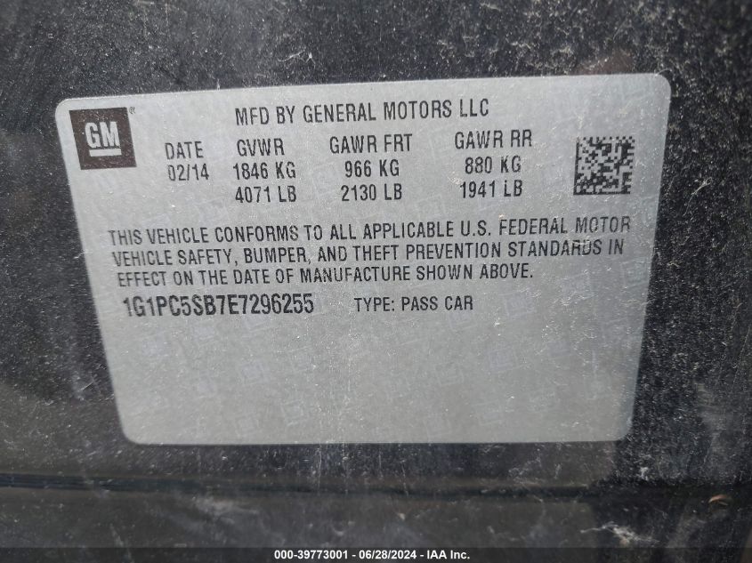 2014 Chevrolet Cruze 1Lt Auto VIN: 1G1PC5SB7E7296255 Lot: 39773001