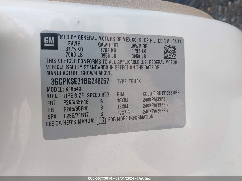 2011 Chevrolet Silverado 1500 Lt VIN: 3GCPKSE31BG248067 Lot: 39773016