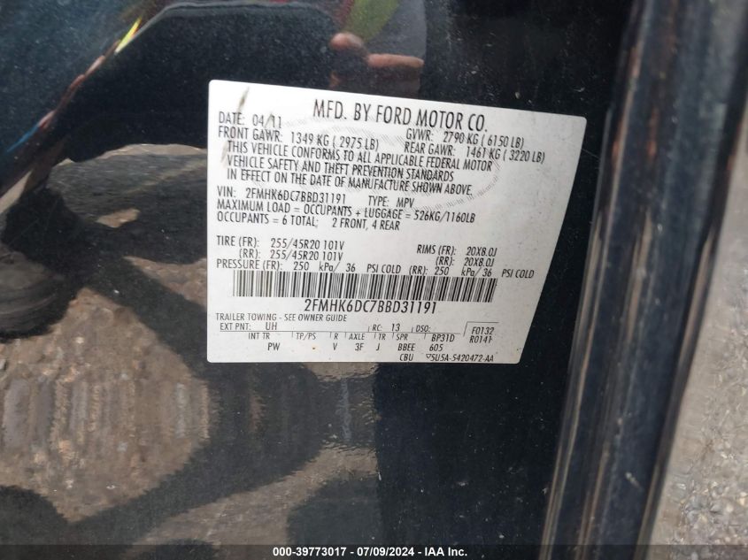 2011 Ford Flex Limited VIN: 2FMHK6DC7BBD31191 Lot: 39773017