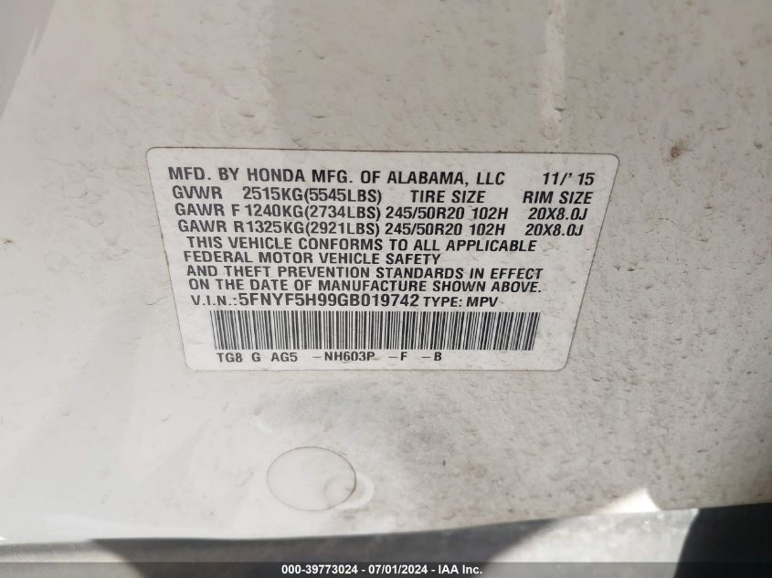 2016 Honda Pilot Touring VIN: 5FNYF5H99GB019742 Lot: 39773024