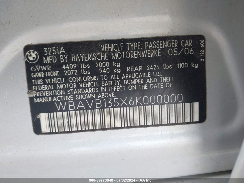 2006 BMW 325I VIN: WBAVB135X6K000000 Lot: 39773040