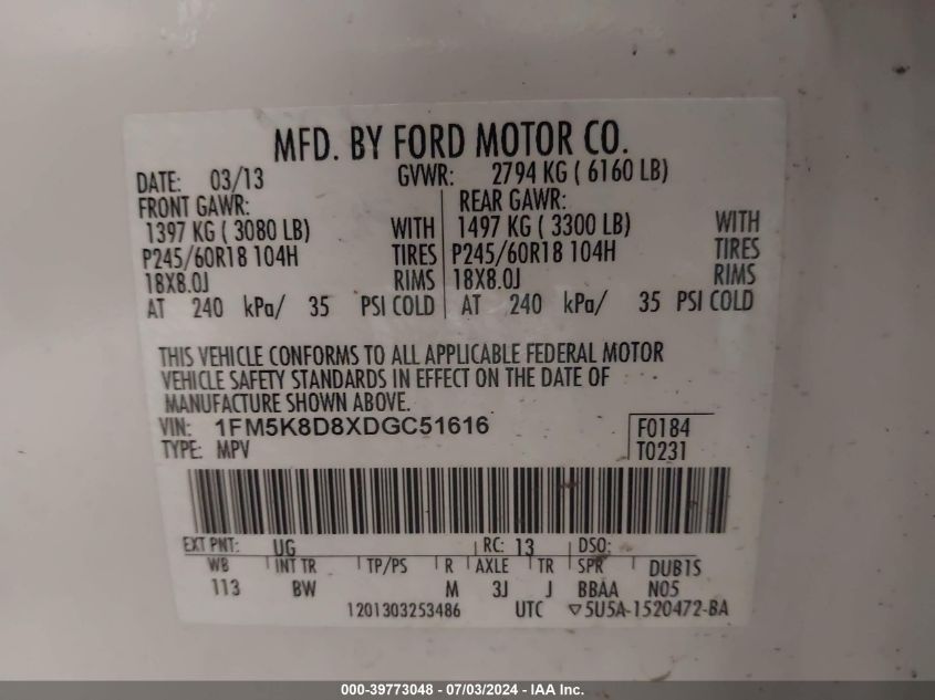 2013 Ford Explorer Xlt VIN: 1FM5K8D8XDGC51616 Lot: 39773048