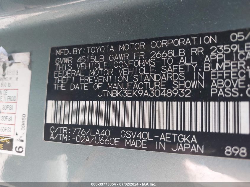 2010 Toyota Camry Xle V6 VIN: JTNBK3EK9A3048932 Lot: 39773054