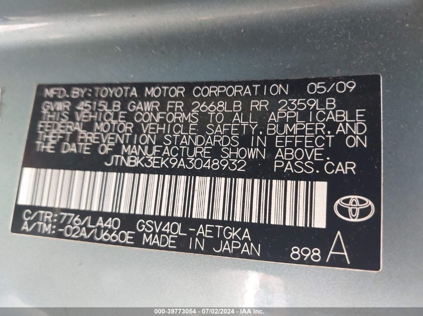 2010 Toyota Camry Xle V6 VIN: JTNBK3EK9A3048932 Lot: 39773054