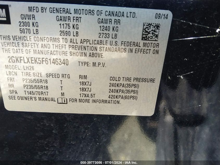 2015 GMC Terrain Slt-1 VIN: 2GKFLXEK5F6146340 Lot: 39773056