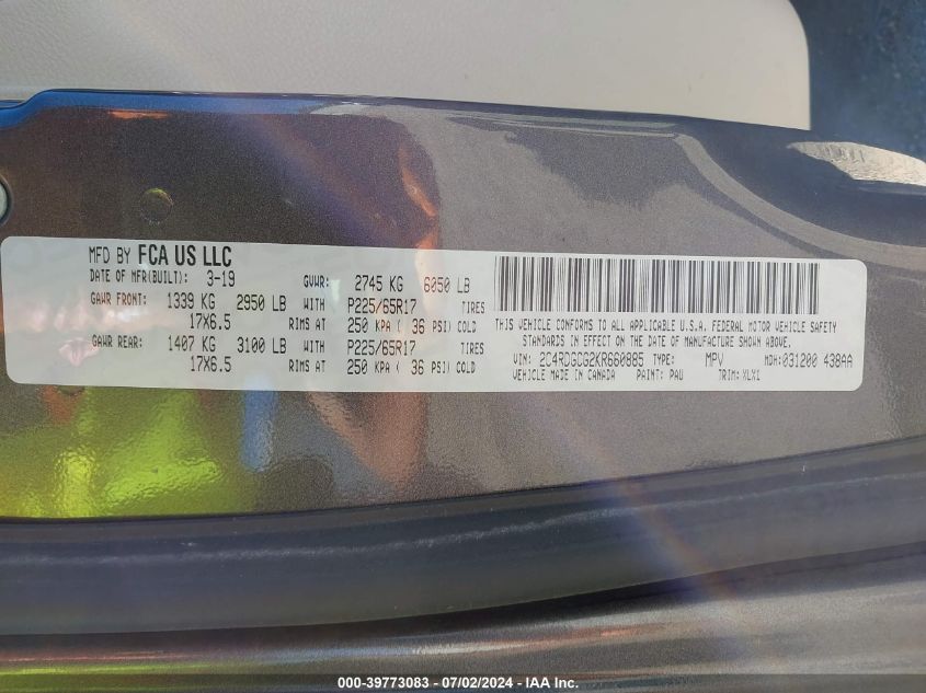 2019 Dodge Grand Caravan Sxt VIN: 2C4RDGCG2KR660885 Lot: 39773083