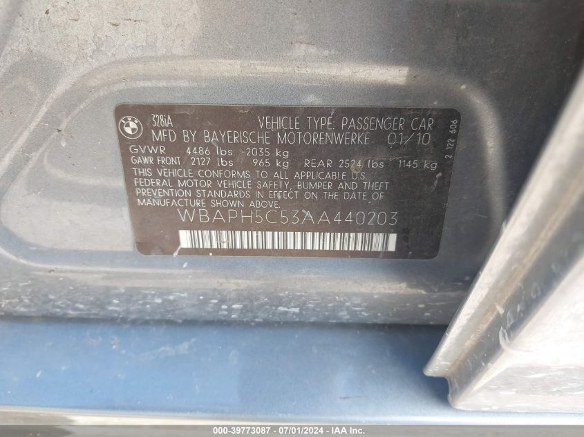 2010 BMW 328I VIN: WBAPH5C53AA440203 Lot: 39773087