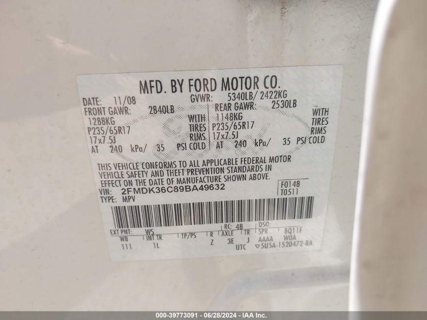 2009 Ford Edge Se VIN: 2FMDK36C89BA49632 Lot: 39773091