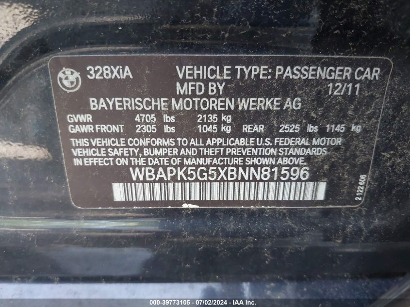 2011 BMW 328 Xi Sulev VIN: WBAPK5G5XBNN81596 Lot: 39773105