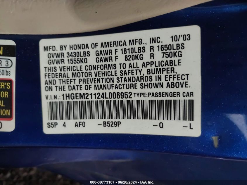 2004 Honda Civic Vp VIN: 1HGEM21124L006952 Lot: 39773107