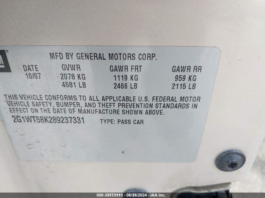 2008 Chevrolet Impala Lt VIN: 2G1WT58K289237331 Lot: 39773111