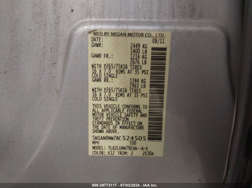 2011 Nissan Xterra Pro-4X VIN: 5N1AN0NW7BC524505 Lot: 39773117