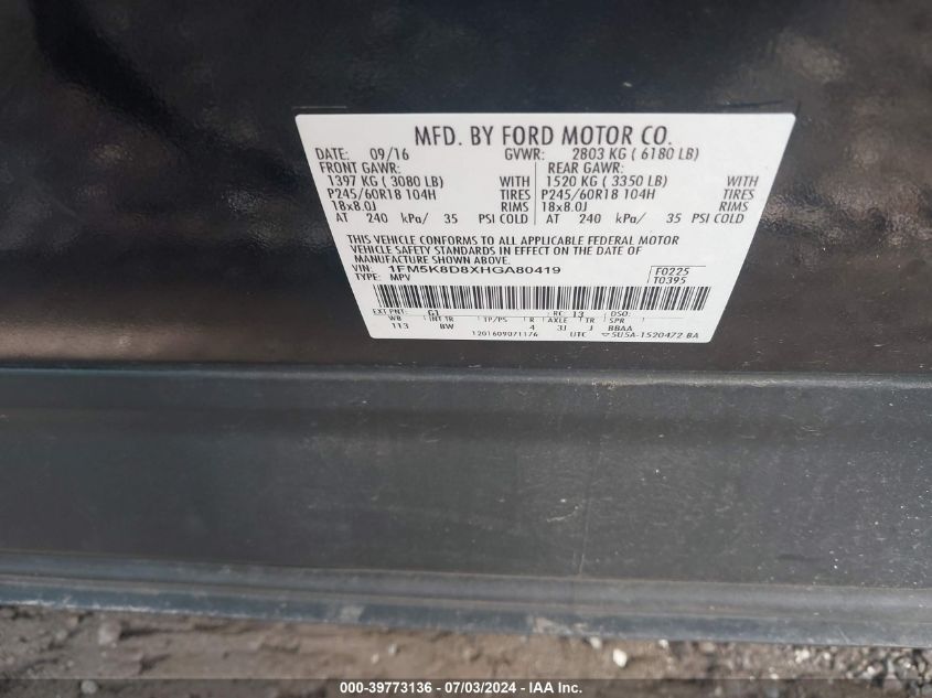 2017 Ford Explorer Xlt VIN: 1FM5K8D8XHGA80419 Lot: 39773136