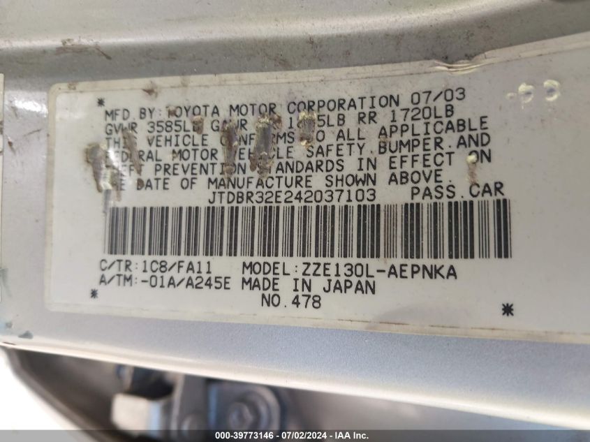 2004 Toyota Corolla Le VIN: JTDBR32E242037103 Lot: 39773146