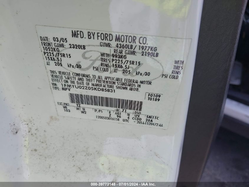 2005 Ford Escape Xls VIN: 1FMYU02Z05KD85831 Lot: 39773148