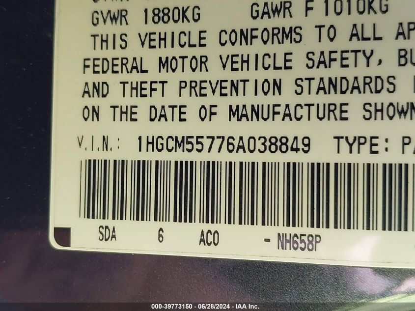 2006 Honda Accord 2.4 Ex VIN: 1HGCM55776A038849 Lot: 39773150