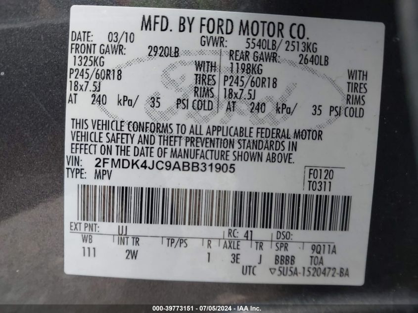 2010 Ford Edge Sel VIN: 2FMDK4JC9ABB31905 Lot: 39773151