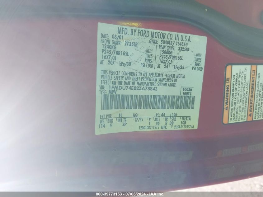 2002 Ford Explorer Eddie Bauer VIN: 1FMDU74E02ZA78843 Lot: 39773153