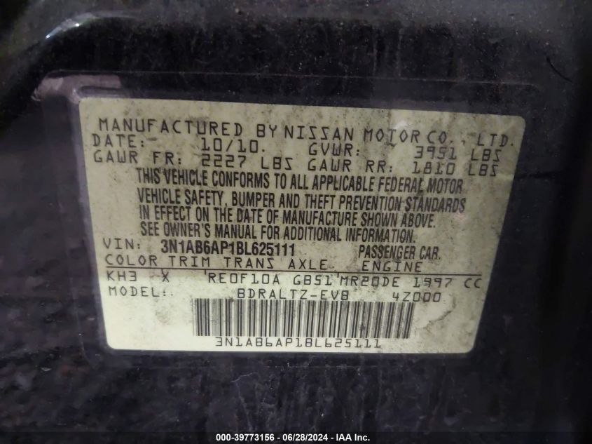 2011 Nissan Sentra 2.0Sr VIN: 3N1AB6AP1BL625111 Lot: 39773156