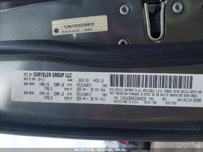 2012 Jeep Compass Sport VIN: 1C4NJCBA9CD504232 Lot: 39773160