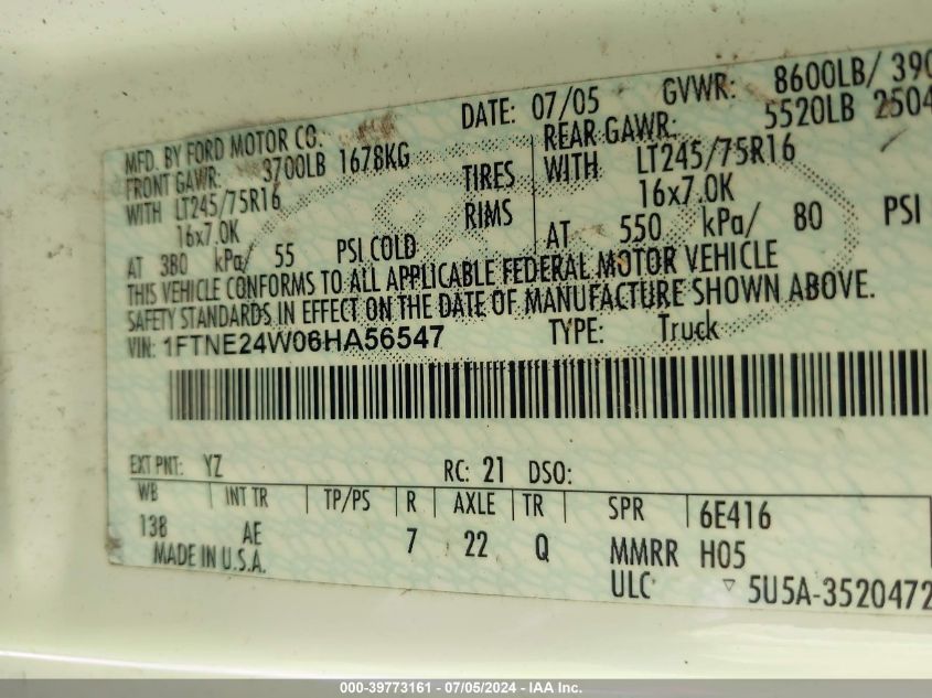 2006 Ford E-250 Commercial/Recreational VIN: 1FTNE24W06HA56547 Lot: 39773161