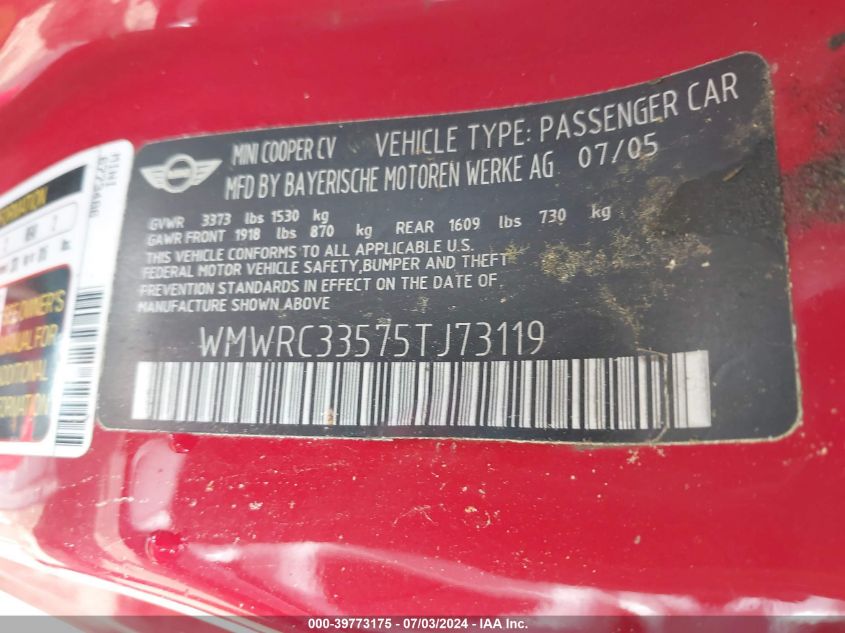 2005 Mini Cooper VIN: WMWRC33575TJ73119 Lot: 39773175