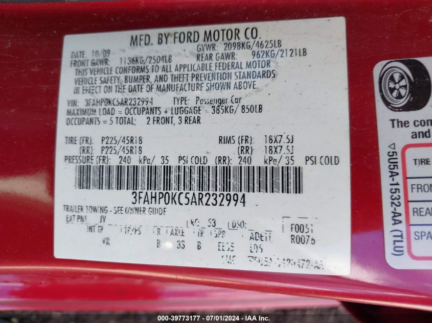 2010 Ford Fusion Sport VIN: 3FAHP0KC5AR232994 Lot: 39773177