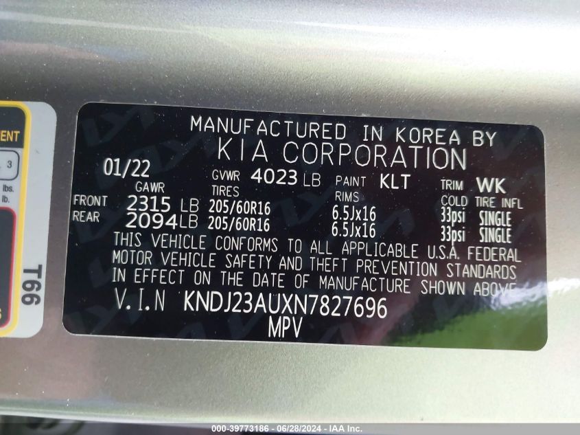 2022 Kia Soul Lx VIN: KNDJ23AUXN7827696 Lot: 39773186