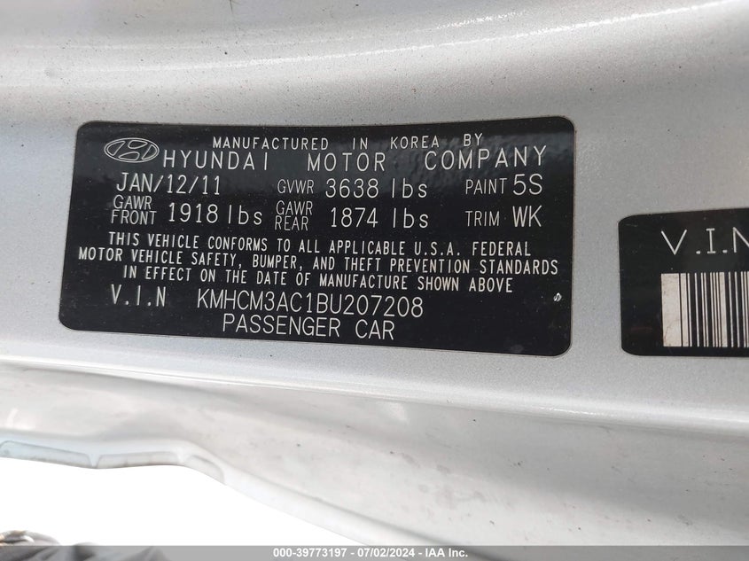 2011 Hyundai Accent Gs VIN: KMHCM3AC1BU207208 Lot: 39773197