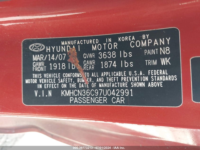 2007 Hyundai Accent Se VIN: KMHCN36C97U042991 Lot: 39773213