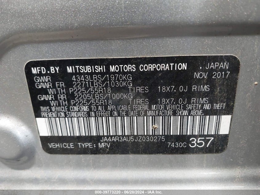 2018 Mitsubishi Outlander Sport 2.0 Es VIN: JA4AR3AU5JZ030275 Lot: 39773220