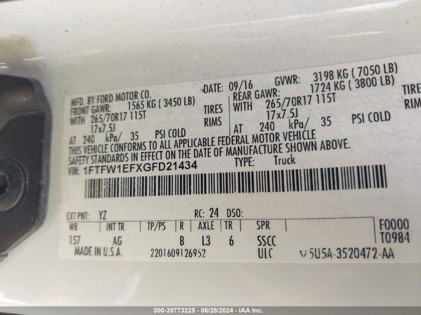 2016 Ford F-150 Xl VIN: 1FTFW1EFXGFD21434 Lot: 39773225