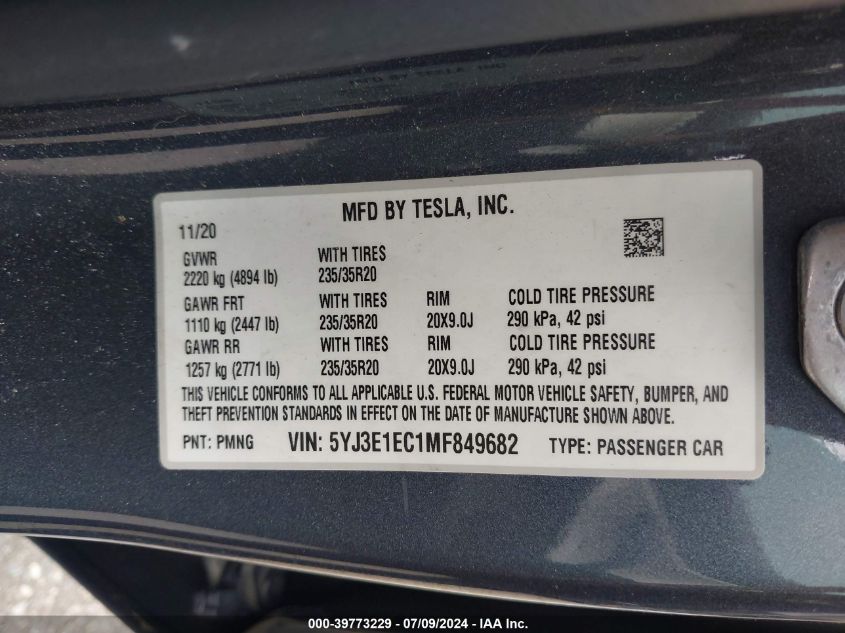 2021 Tesla Model 3 Performance Dual Motor All-Wheel Drive VIN: 5YJ3E1EC1MF849682 Lot: 39773229