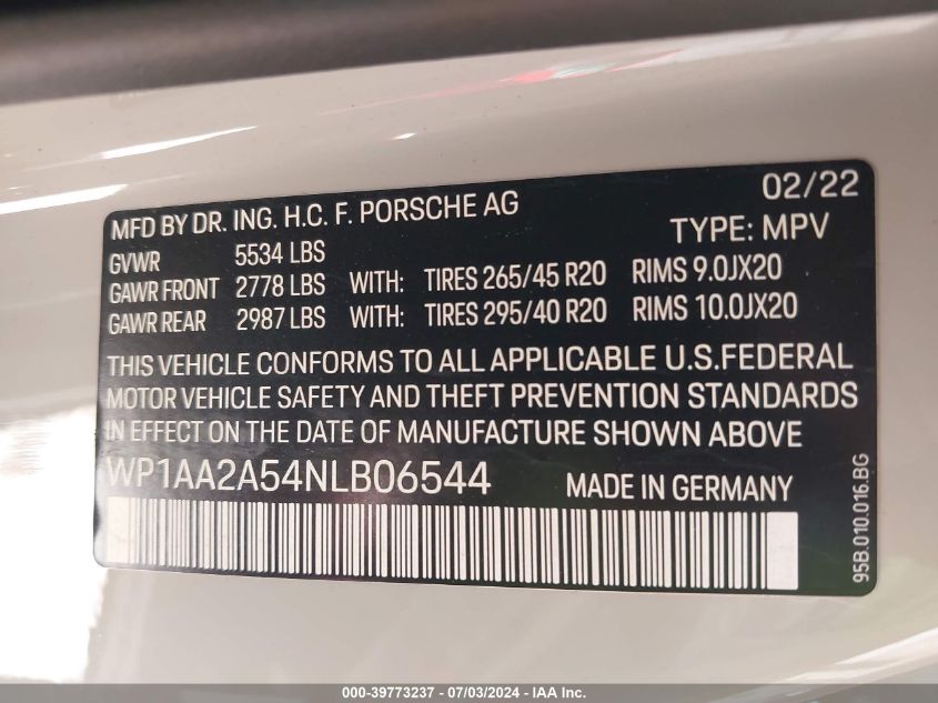 2022 Porsche Macan VIN: WP1AA2A54NLB06544 Lot: 39773237